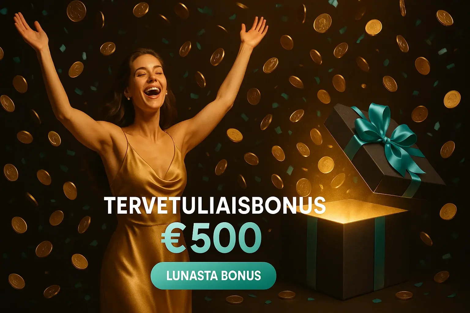 Suomalainen kasino tervetuliaisbonusbanneri, nainen juhlii, €500 ja Lunasta Bonus