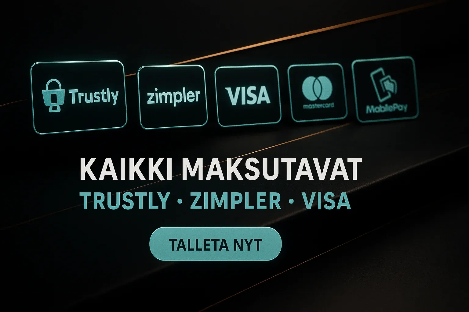 Fotorealistinen suomalainen kasinobanneri, maksukorttirivi ja talleta nyt -painike