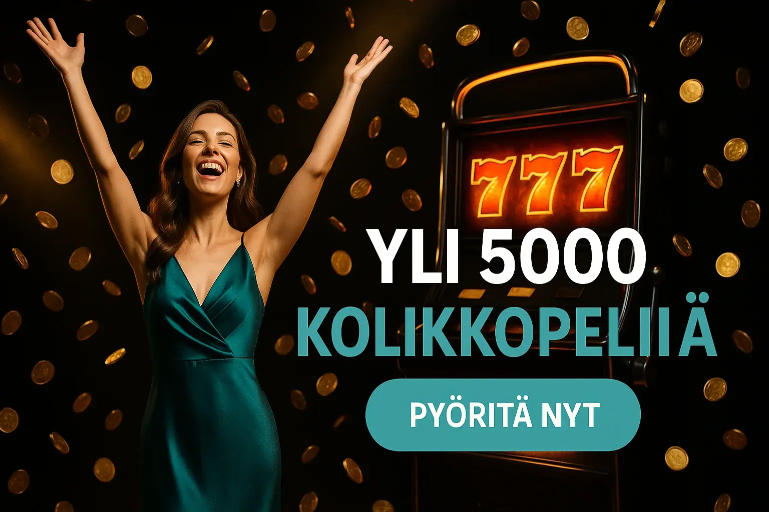 Suomalainen kasinobanneri, nainen juhlii, kolikot sateena, seiskat ja CTA