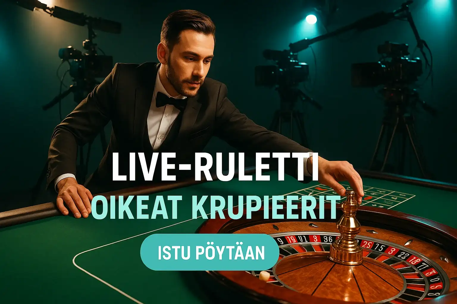 Fotorealistinen live-ruletti banneri, kruupieri ruletin äärellä ja kamerat taustalla