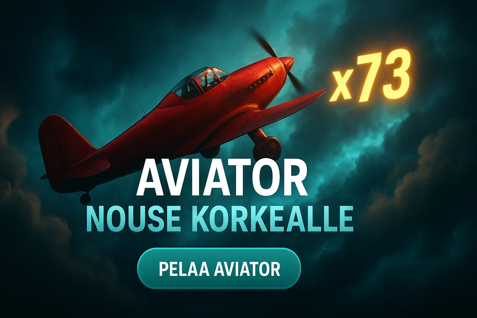 Fotorealistinen Aviator-kasinobanneri, lentokone nousee myrskytaivaalla, kerroin x73