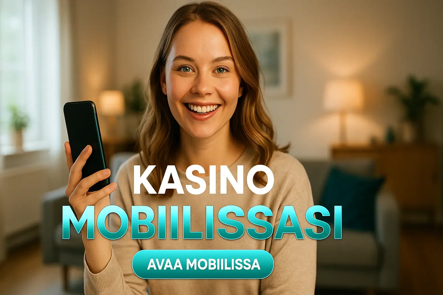 Suomalainen nainen pitelee älypuhelinta mobiilikasinomainoksessa olohuoneessa