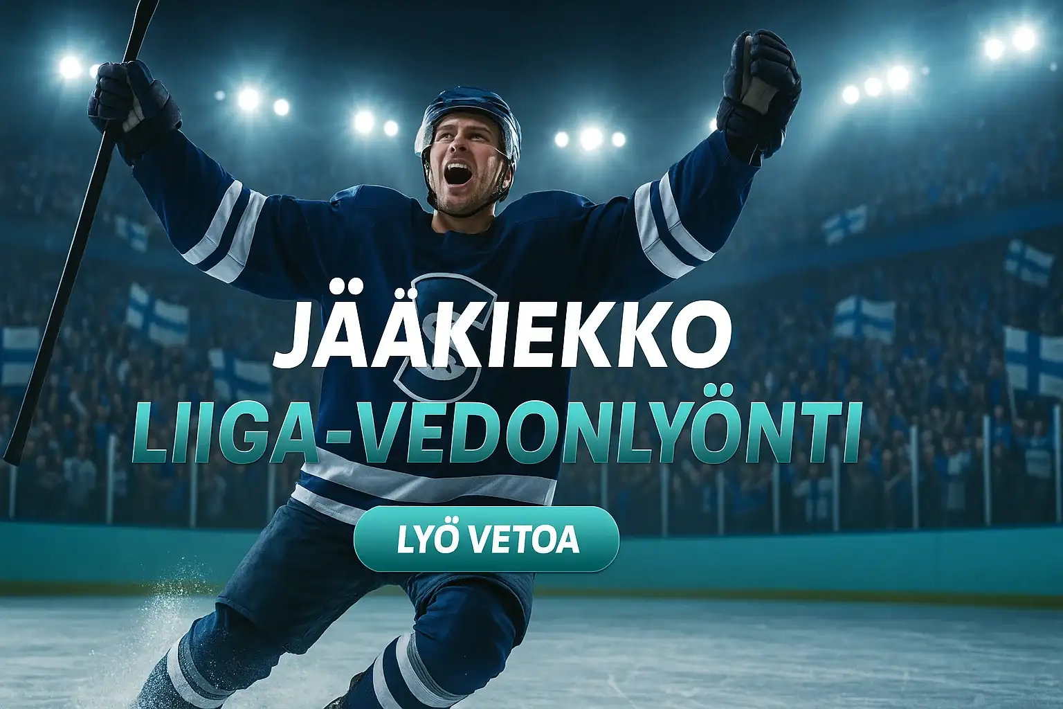 Suomalainen jääkiekkoilija juhlii maalia, Liiga-vedonlyönti kasino bannerissa